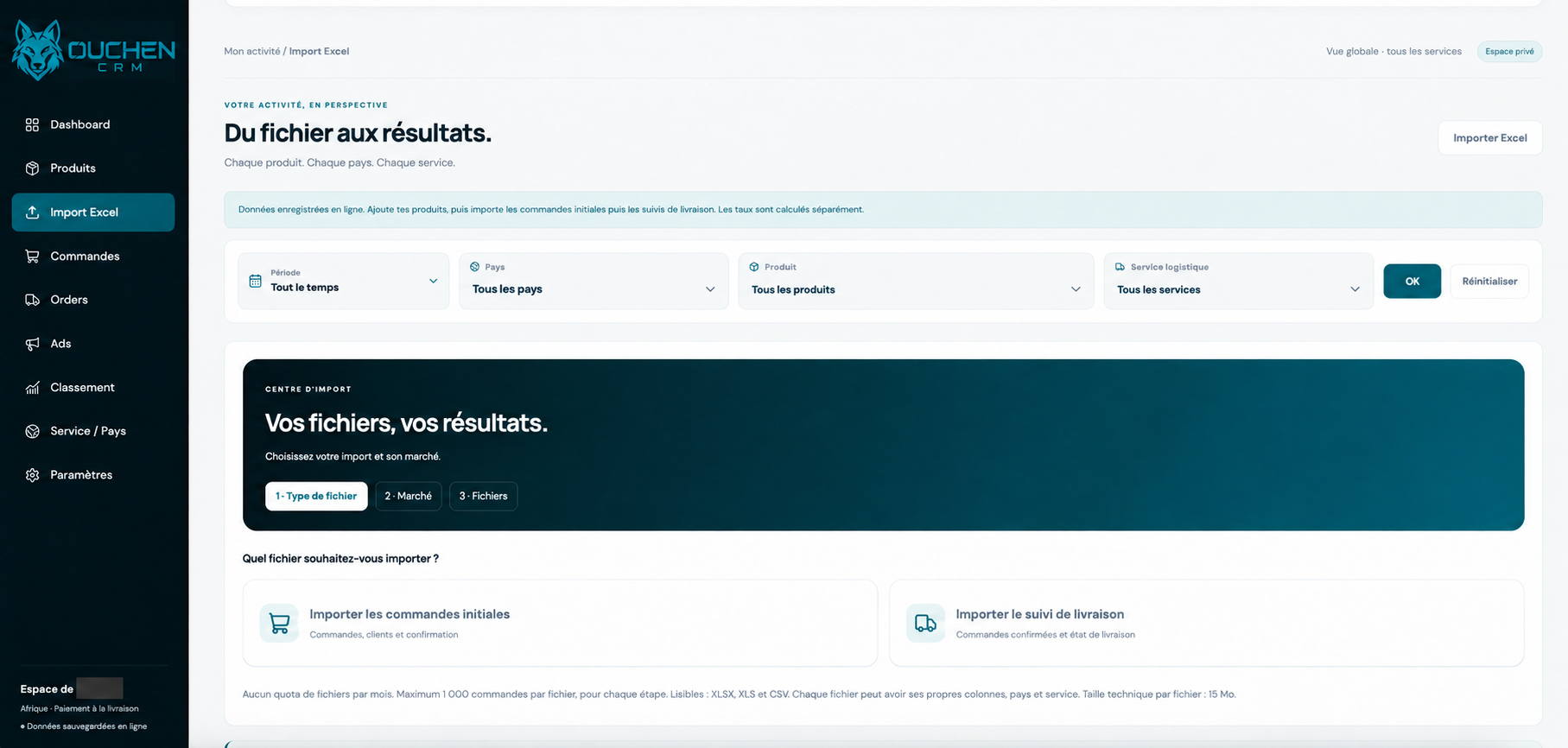 Capture anonymisée de l’espace Import des commandes Ouchen CRM